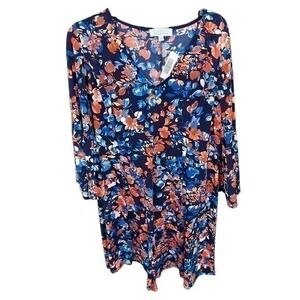 Sabrina Collective 1X bell sleeves blue orange floral midi dress